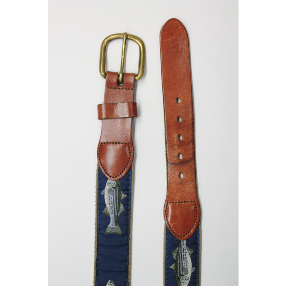 Size 30 retro fish belt made USA brass buckle leather man